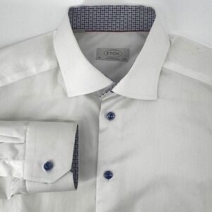 ETON Contemporary White Dress Shirt Mens M 40 15 3/4 Blue Buttons Long Sleeve